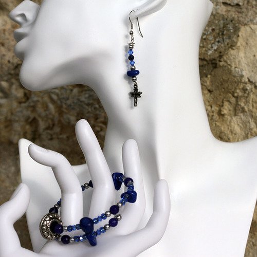Parure bracelet et boucles d'oreilles aventurine-cristal de swarovski-semi-précieuses teintées bleue modèle "messager""