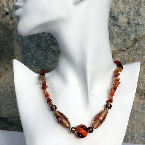 Collier agate-céramique-verrre orange et marron modèle "agrume"