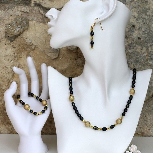 Parure collier-bracelet-boucles d'oreilles perles de culture vert bronze modèle "intemporel"