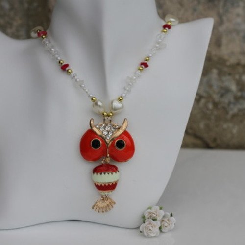 Collier pendentif email-strass-perles cristal-semi-précieuses teintées-métal doré-rouge-transparent-modèle "prophète"