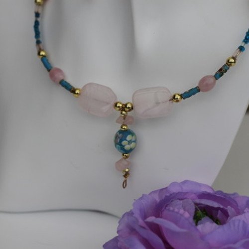 Ras-du-cou pendentif quartz rose-perles cloisonnées turquoise- modèle "iroise"