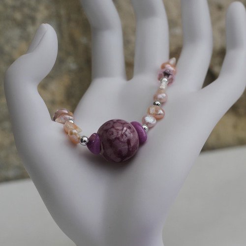 Bracelet perle en céramique-semi précieuses teintées lavande-perles nacrées rose poudré modèle "lavandou"