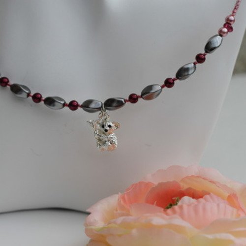 Ras-du-cou pendentif ado en perles de verre aux couleurs fuchsia-rose et grise modèle "australie"