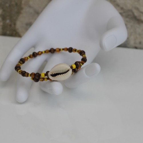 Bracelet s (monté sur fil à mémoire de forme) perles de verre-perles de bois aux couleurs or-marron et jaune modèle "escargot"
