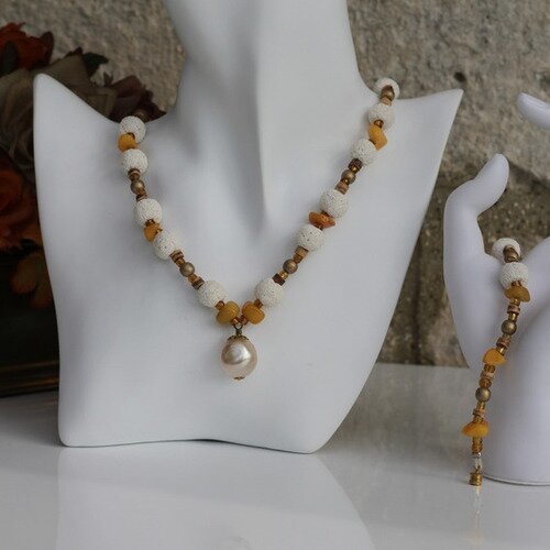 Parure collier pendentif nude-bracelet-pierres de sable-semi précieuses teintées-perles noix de coco-perles de verre modèle "touareg"