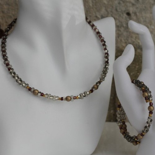 Parure ras-du-cou et bracelet en perles de verre- métal-perles cirées bronze et or modèle "ecaille"