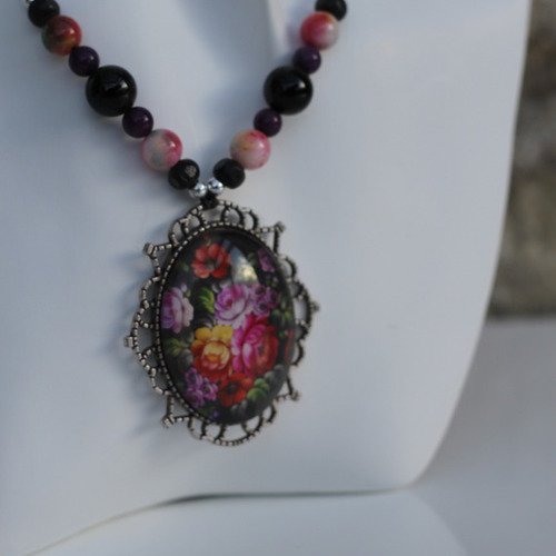Parure collier pendentif et boucles d'oreilles métal-agate-onyx rose-noire-aubergine modèle "renoncule"
