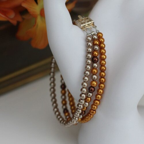 Bracelet trois rangs en perles de verre or et argent modèle "eternel"
