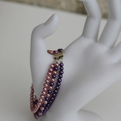 Bracelet trois rangs en perles de verre rose et violet modèle "glaïeul"