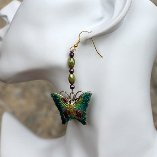 Boucles d'oreilles emaux-verre violet et vert modèle "voyageur"
