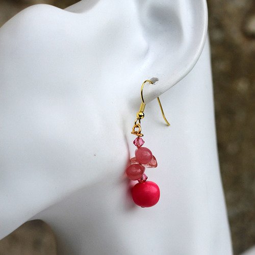 Parure collier pendentif-boucles d'oreilles tourmaline-graine-swarovski-quartz cerise-perles de bohème en verre modèle "bonbon"