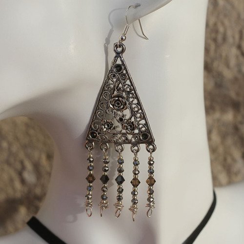 Parure sautoir pendentif-boucles d'oreilles métal argenté-swarovski quartz fumé modèle "gizeh"