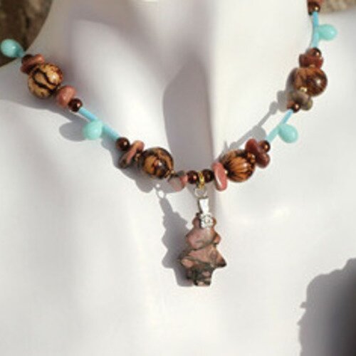 Parure collier pendentif rhodonite-bracelet-boucles d'oreilles céramique-agate-jaspe-verre de bohème turquoise-marron modèle "christmas"