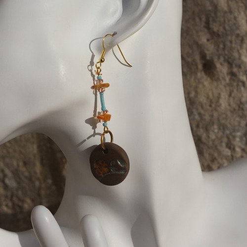 Parure bracelet-boucles d'oreilles céramique-ambre-swarovski-rocaille vert et orange modèle "colvert"