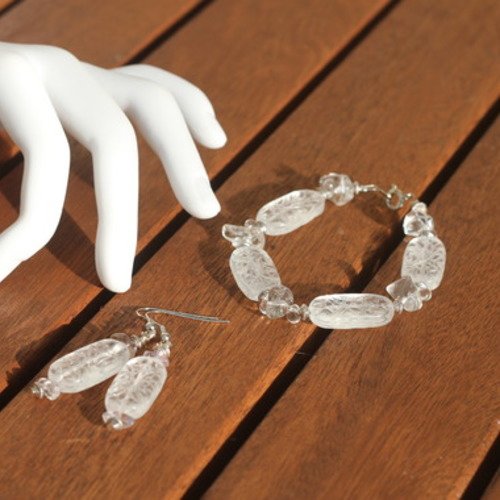 Parure bracelet-boucles d'oreilles cristal-verre de bohème-verre transparent modèle "craquelure"