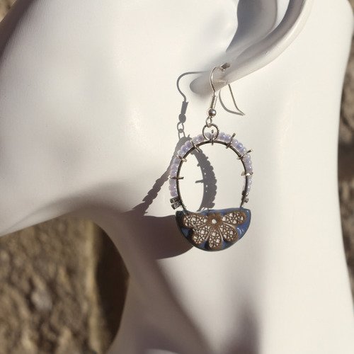 Boucles d'oreilles céramique-perles de rocaille bleues-grises modèle "cueillette"