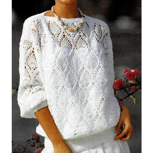 Modèle pull coton blanc, motifs ananas, taille 42/44, explications et grilles en français, pdf crochet vintage en francais !
