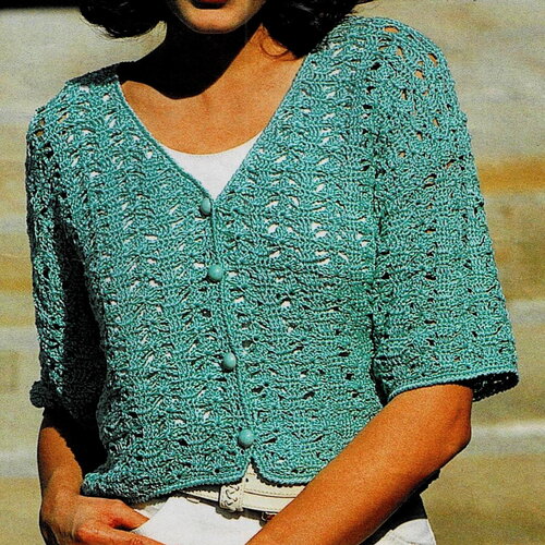 Modèle gilet coton menthe, taille 36, 38/40, 42/44, explications et grilles en français, pdf crochet vintage francais !