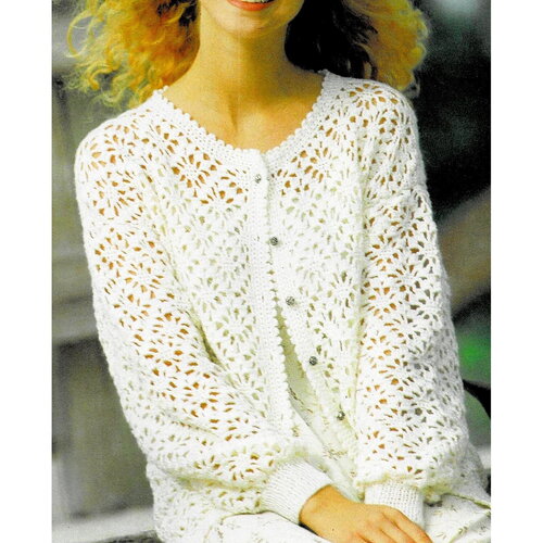 Modèle gilet laine blanche, motifs fleurs, taille 34/36, 38/40, 44/46, explications et grilles en français, pdf crochet vintage francais !