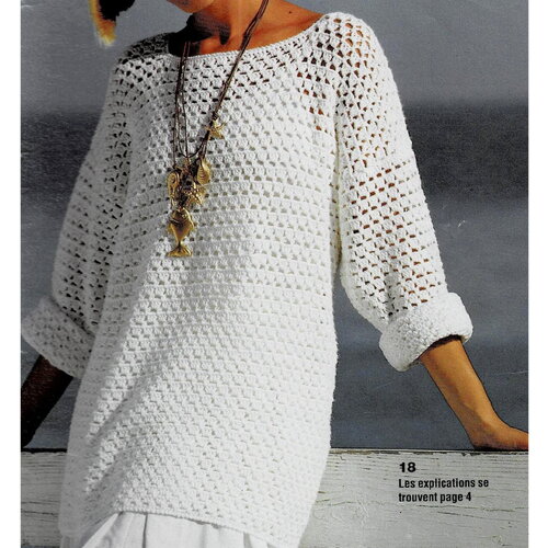 Modèle maxi-pull coton blanc, 3 points au crochet, taille 38/40, 42/44, explications et grilles, pdf crochet vintage en francais !
