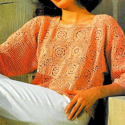 Modèle pull aux carrés assemblés, coton saumon, taille 36/38, 40/42, explications et grilles en français, pdf crochet vintage francais