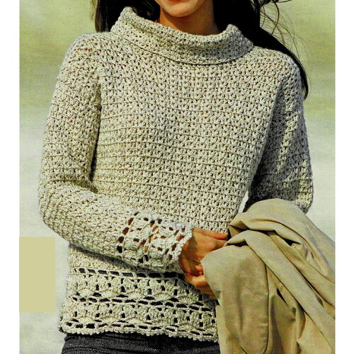 Modèle pull laine écru col roulé, taille 38/40, 42/44, 46/48, explications et grilles en français, pdf crochet vintage francais !