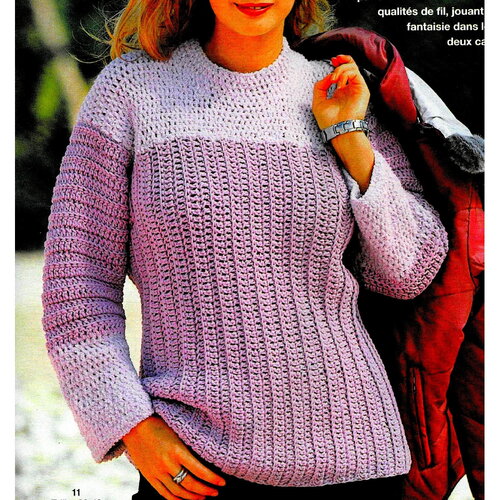 Modèle pull coton mixte mauve, motif fantaisie bride, taille 36/38, 40/42, 44/46, explications en français, pdf crochet vintage francais !