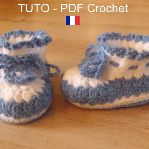 Tuto crochet - chaussons bébé aux 2 couleurs, orné d'une fleur, de 3 à 12 mois, facile à réaliser, tuto en francais !