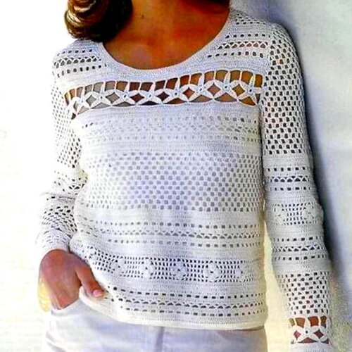 Modèle tunique coton blanc, taille 34/36, 38/40, 42/44, 46/48, explications et grilles en français, pdf crochet vintage francais !