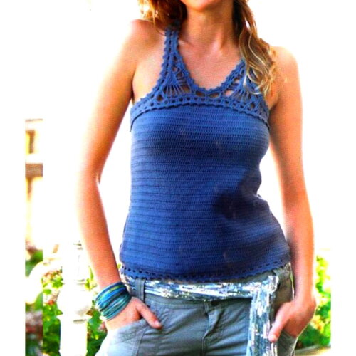 Modèle top coton bleu, taille 34/36, 38/40, 42/44, 46/48, 50/52, explications et grilles en français, pdf crochet vintage francais !
