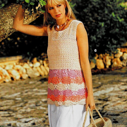 Modèle top/tunique coton 3 couleurs, taille 38/40, 44/46, 50/52, explications et grilles en français, pdf crochet vintage francais !
