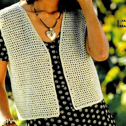 Modèle gilet facile à réaliser, taille 34/36 , 38/40 , 42/44 , 46/48, explications grilles en français, pdf crochet vintage francais !