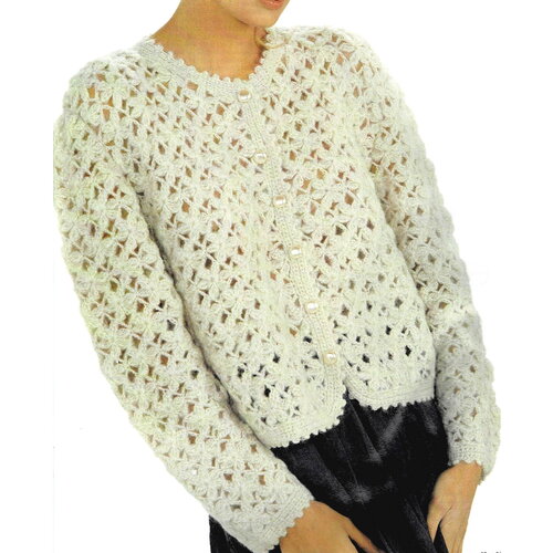 Modèle gilet mohair beige clair orné d'un joli motif fleur , explications et grilles en français, pdf crochet vintage en francais !