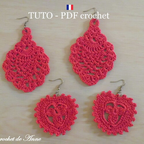 Tuto crochet - boucles d'oreilles motif ananas et motif coeur , bijoux romantique en dentelle fine , facile à réaliser , tuto en français
