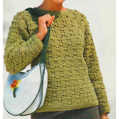 Modèle pull laine, motif fantaisie, taille 36/38, 40/42, 44/46, explications et grilles en français, pdf crochet vintage en francais !