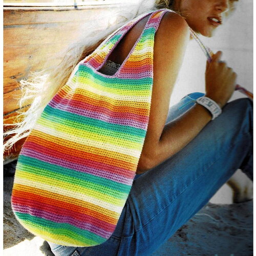 Modèle sac de plage, rayures acidulées aux longues bandoulières, explications en français, pdf crochet vintage !