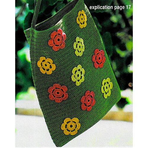 Modèle sac en coton orné de fleurs à 6 pétales , explications et grilles en français, pdf crochet vintage !