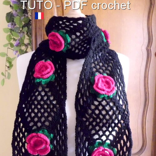 Tuto crochet - echarpe orné de 10 belles roses en relief sur fond noir, facile à réaliser, pas à pas en images, tuto en francais !