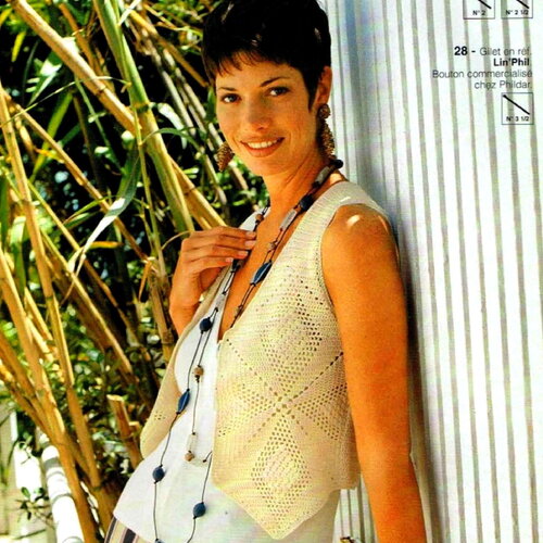 Modèle gilet coton écru, taille 34 à 40, explications et grilles en français, pdf crochet vintage francais !