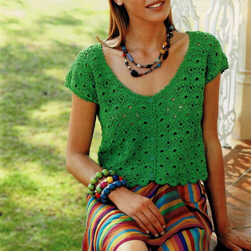 Modèle top coton vert fermé par 5 boutons, taille 34 à 40, 42 à 48, explications et grilles en français, pdf crochet vintage francais !