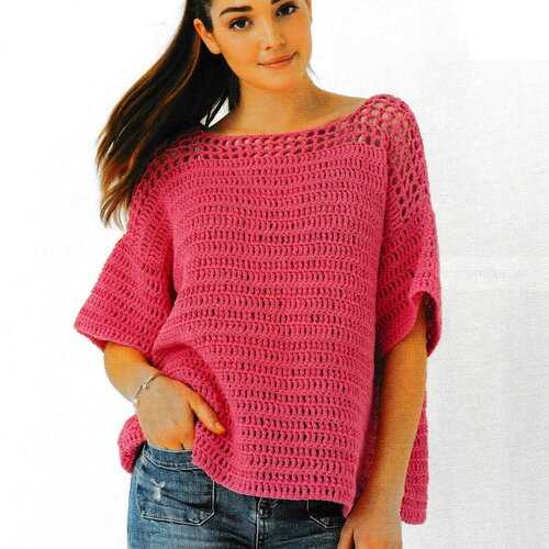 Modèle pull coton fuchsia, taille 34/36, 38/40, 42/44, 46/48, 50/52, explications et grilles, pdf crochet vintage en francais !