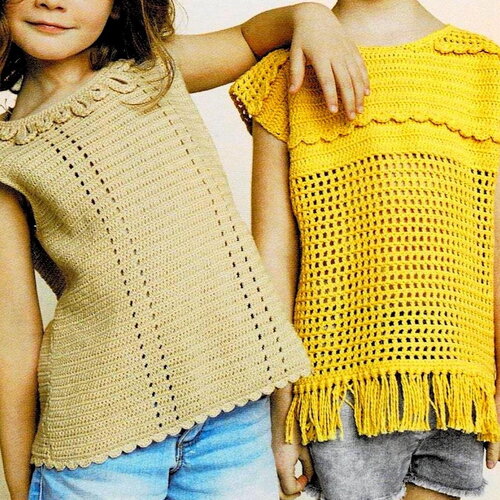 Modèles 2 debardeurs filles en coton, taille 4 - 6 - 8 - 10 - 12 ans, explications et grilles claires, pdf crochet vintage !