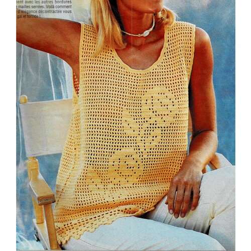 Modèle top coton jaune, taille 36/38, 40/42, 44, motif fleurs, explications et grilles français, pdf crochet vintage français !