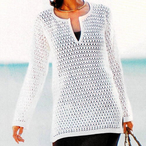 Modèle pull coton blanc, taille 34/36, 38/40, 42/44, 42/44, 46/48, 50/52, explications et grilles en français, pdf vintage francais