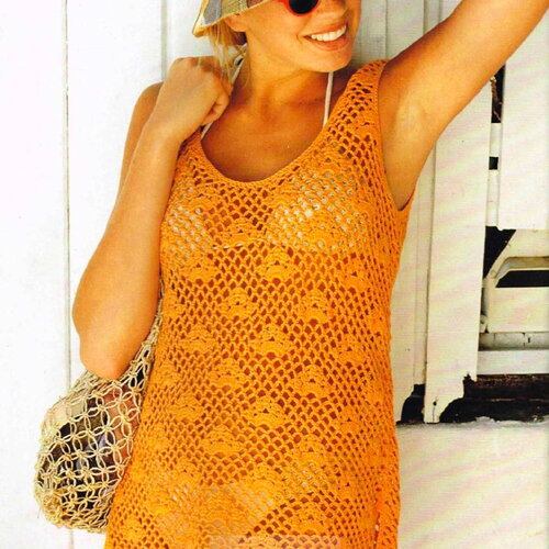 Modèle tunique de plage coton orange, taille 34/36, 38/40, 42/44, 46/48, explications et grilles en français, pdf crochet vintage !