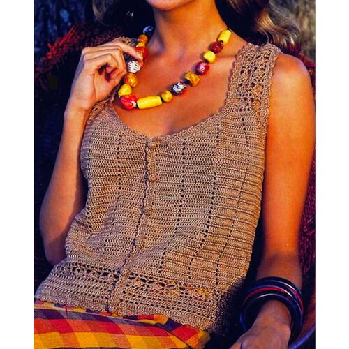 Modèle caraco coton marron, taille 34/36 , 38/40 , 42/44 , 46/48 , explications et grilles en français, pdf crochet vintage francais !