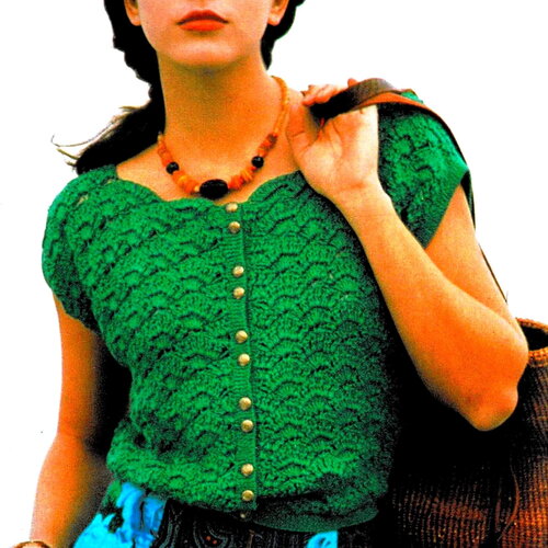 Modèle gilet coton vert, motif fantaisie, explications et grilles en français, pdf crochet vintage en francais !