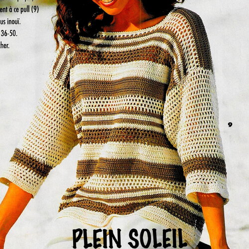 Modèle pull écru et marron, explications et grilles en français, pdf crochet vintage en francais !