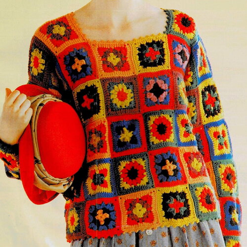 Modèle pull aux carrés colorés, explications et grilles en français, pdf crochet vintage francais !