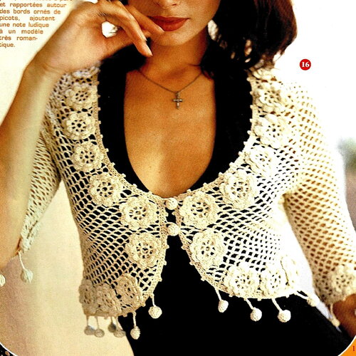 Modèle bolero coton écru romantique, taille 34/36, 38/40, explications et grilles en français !